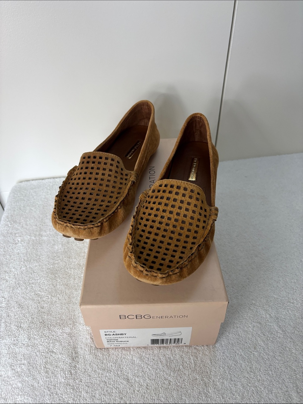 BCBGeneration Tan Perforated Suede Loafers